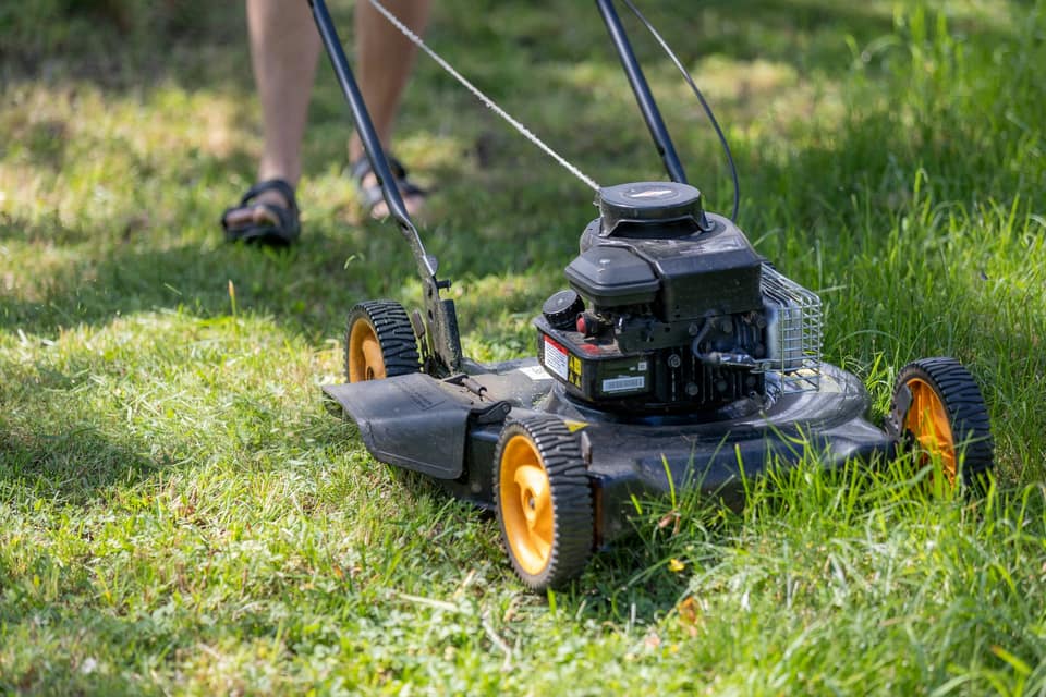 A push mower cutting tall green grass.